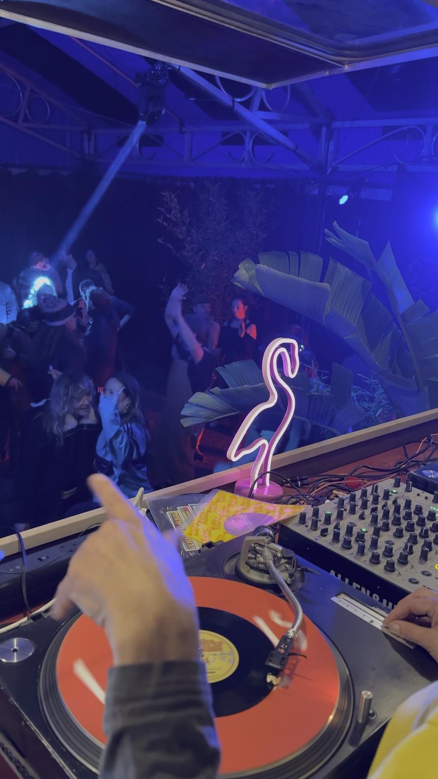 Lasers boven de dansvloer in de tent om de bus